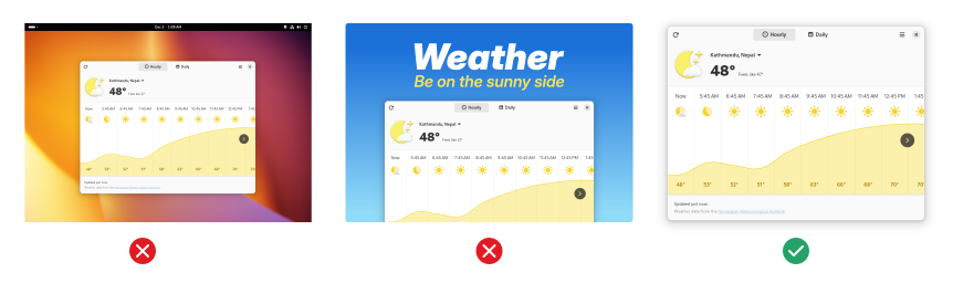 Examples of a screenshot that includes the entire desktop with the window, one that has promotional graphics, and one that's a standalone window.